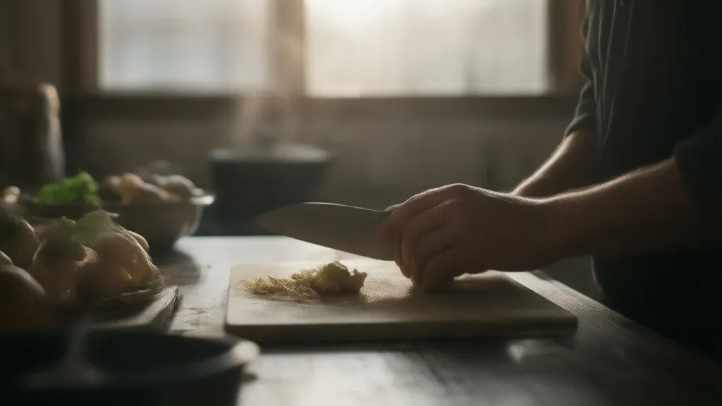 朝の台所で、木の道具に手を添えるひととき